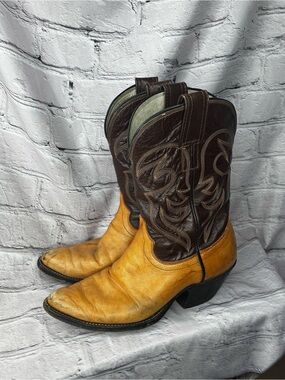 Vtg 70s 80s Olathe Two Tone Western Flame Stitch Country Cowboy Boots 5.5D As Is